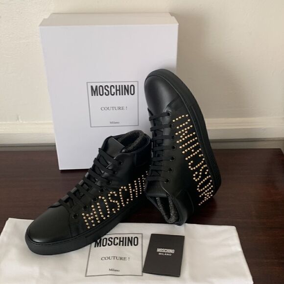 Moschino Shoes - Moschino Women’s High Top logo studded leather black sneaker size 7, NIB